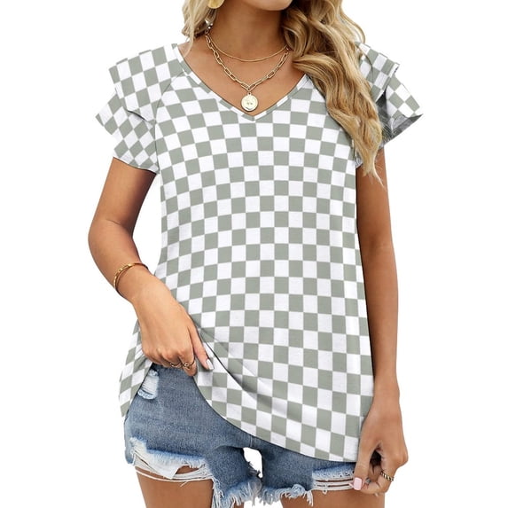 T-Shirt Women'S Desert Sage Grey Green And White Check Ruffle Short Sleeve Women's Tee Fashion Casual Shirts Check Checker