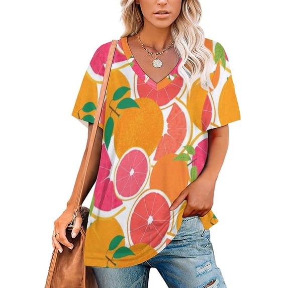 T-Shirt Women'S Grapefruit Harvest Ruffle Short Sleeve T Shirts Summer V Neck Tops Fashion Casual Tee Shirt Pattern Fruit Floral Flower