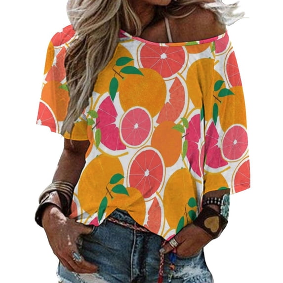 T-Shirt Women'S Grapefruit Harvest Ruffle Short Sleeve T Shirts Summer V Neck Tops Fashion Casual Tee Shirt Pattern Fruit Floral Flower