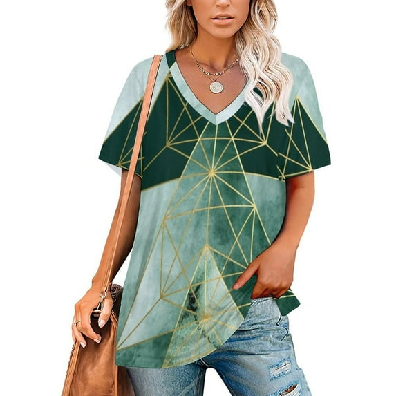 T-Shirt Women'S Green Geometric Ruffle Short Sleeve T Shirts Summer V Neck Tops Fashion Casual Tee Shirt Green Geometric Emerald Green