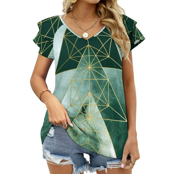T-Shirt Women'S Green Geometric Ruffle Short Sleeve T Shirts Summer V Neck Tops Fashion Casual Tee Shirt Green Geometric Emerald Green