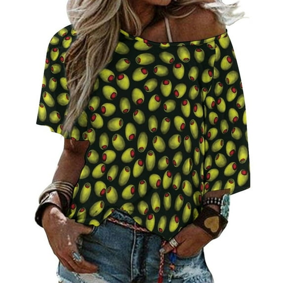 T-Shirt Women'S Green Olives With Red Pimentos-Novelty Food Pattern Ruffle Short Sleeve Women's V Neck Print Tops Olive Olives