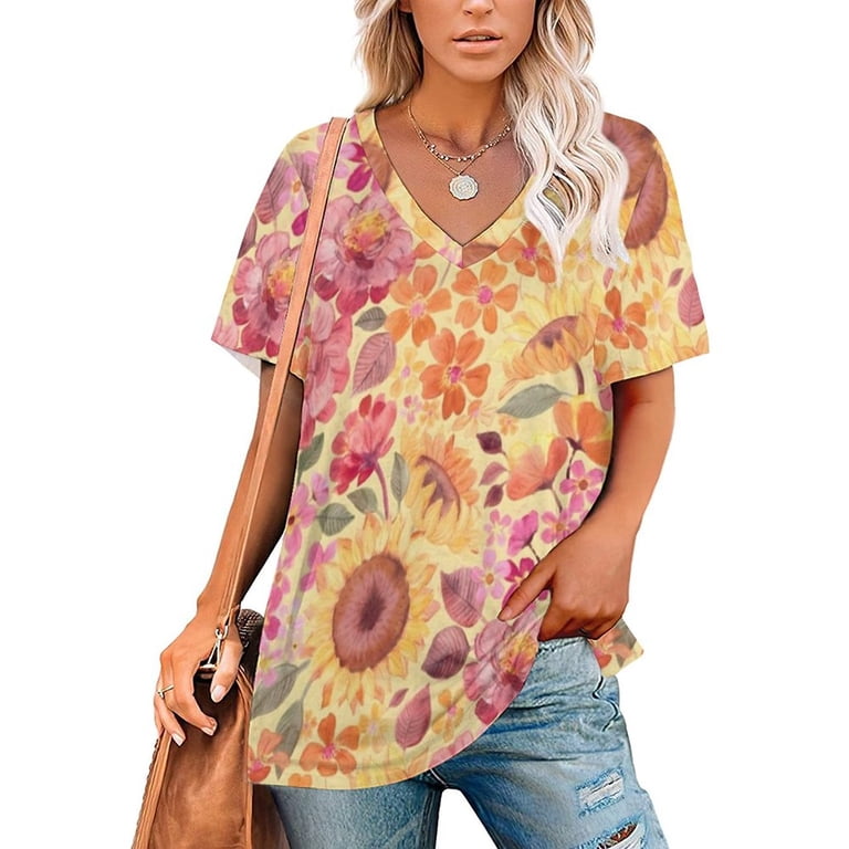 T-Shirt Women'S Happy Boho Sixties Floral Ruffle Short Sleeve