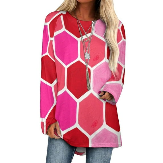 T-Shirt Women'S Hexagon Honeycomb Pattern – Valentine Palette Lotus Leaf Neck Long Sleeve Women's Elegant Fashion Tops & Tees