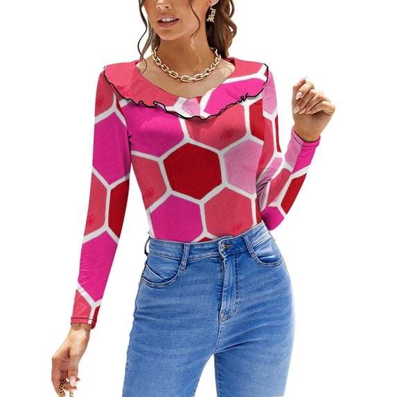 T-Shirt Women'S Hexagon Honeycomb Pattern – Valentine Palette Lotus Leaf Neck Long Sleeve Women's Elegant Fashion Tops & Tees
