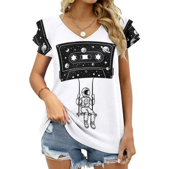 T-Shirt Women'S Nostalgic Trip Ruffle Short Sleeve T Shirts Summer V Neck Tops Fashion Casual Tee Shirt Astronaut Space Stars Planets G
