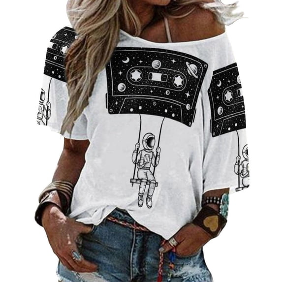 T-Shirt Women'S Nostalgic Trip Ruffle Short Sleeve T Shirts Summer V Neck Tops Fashion Casual Tee Shirt Astronaut Space Stars Planets G