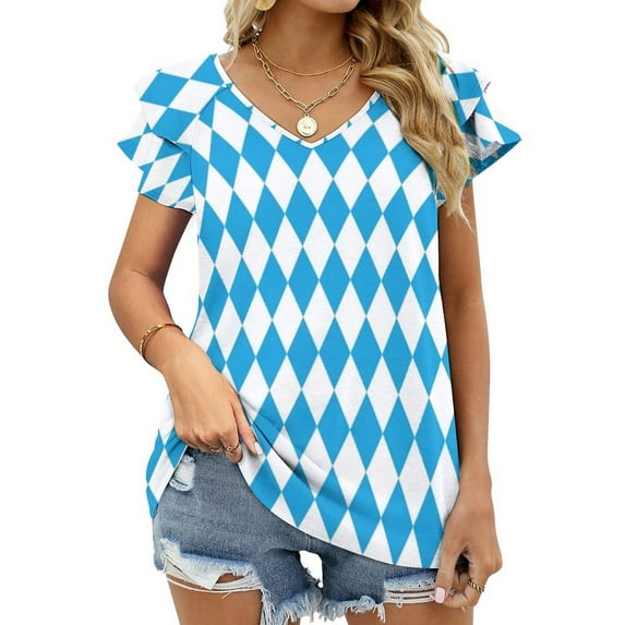 T-Shirt Women'S Oktoberfest Bavarian Blue And White Large Diagonal Pattern Ruffle Short Sleeve Women's Tee Fashion