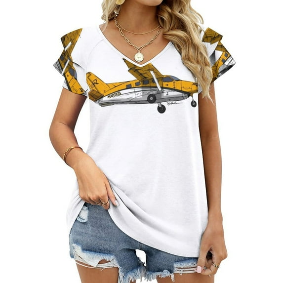 T-Shirt Women'S Parkwater Aviation Quest Kodiak N491Kq Ruffle Short Sleeve T Shirts Summer V Neck Tops Fashion Casual Tee Shirt Parkwat