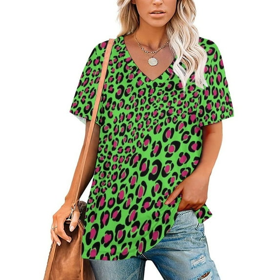 T-Shirt Women'S Pink Green Leopard Print Cool Animal Print Punk Glam Pattern Ruffle Short Sleeve Women's Tee Fashion