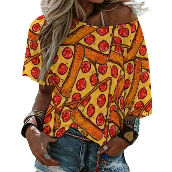 T-Shirt Women'S Pizza Pizza Pizza! Ruffle Short Sleeve T Shirts Summer V Neck Tops Fashion Casual Tee Shirt Pizza Pepperoni Pizza S