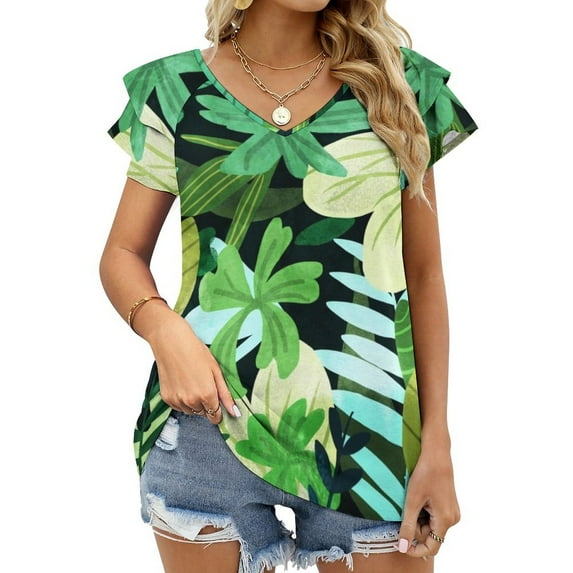 T-Shirt Women'S Rainforest Ruffle Short Sleeve Women Summer T Shirts V Neck Tee Tops Watercolor Pattern Tropical Leaves Nature Forest