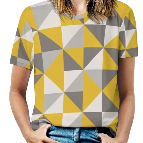 T-Shirt Women'S Retro Design In Yellow And Grey Ruffle Short Sleeve V Neck Shirts Pattern Cute Tops Casual Tee Retro Mid Century Square