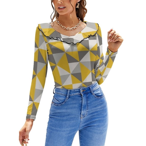 T-Shirt Women'S Retro Design In Yellow And Grey Ruffle Short Sleeve V Neck Shirts Pattern Cute Tops Casual Tee Retro Mid Century Square