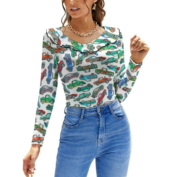 T-Shirt Women'S Toy Car Pile Up Ruffle Short Sleeve T Shirts Summer V Neck Tops Fashion Casual Tee Shirt Cars Car Toy Watercolor Patter