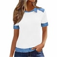 thumbnail image 1 of T-Shirt for Women Short Sleeve Crewneck Raglan Denim Contrast Patchwork Waffle Knit Fabric Casual Slim Fit Soft Breathable Lightweight Summer Fashion Tops, 1 of 4