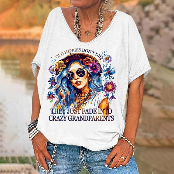 T Shirt Women Short Sleeve Printed V Neck Shirts for Women Short Sleeve Loose Casual Graphic Tees