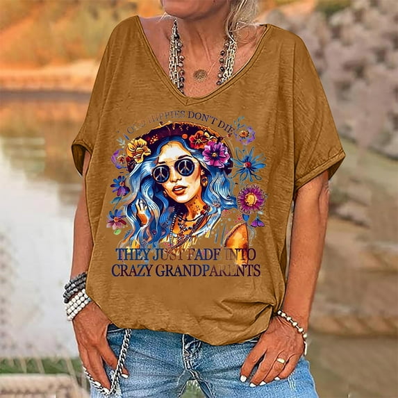 T Shirt Women Short Sleeve Printed V Neck Shirts for Women Short Sleeve Loose Casual Graphic Tees