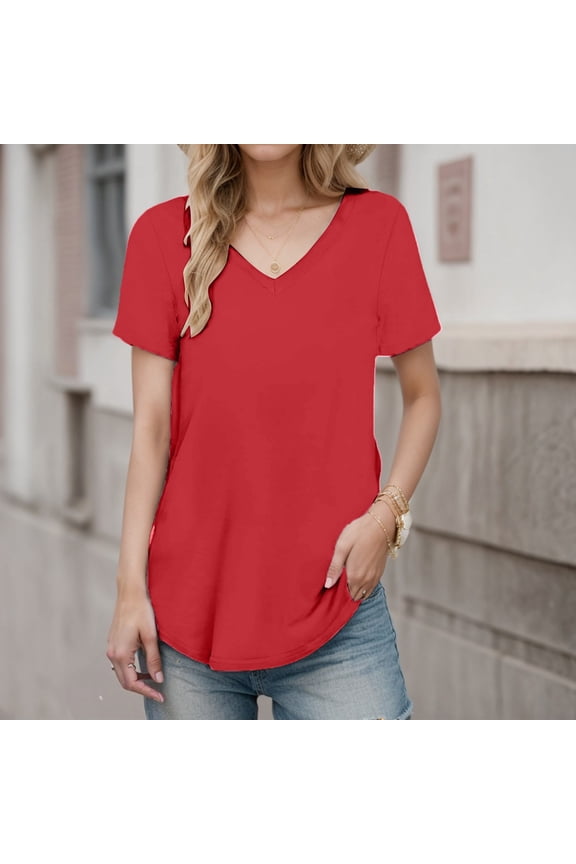 T Shirt Women Short Sleeve V Neck Basic Tee Shirt Watermelon Red Spring Tops Fashion Clothing
