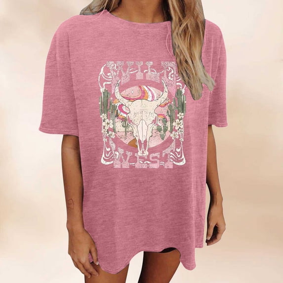 T-Shirt Women Wild West Print Crew Neck Tees for Women Girls Cowgirl Western Graphic Tee (Pink S)