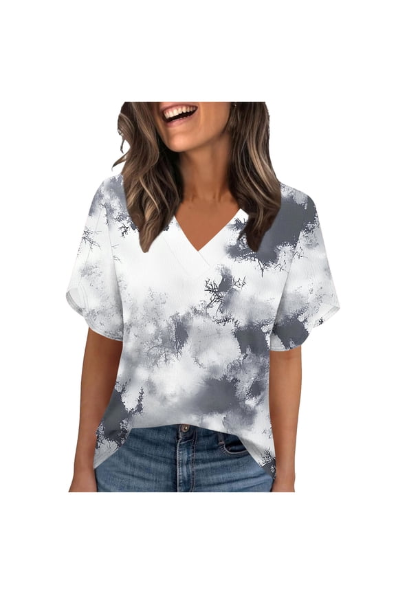 T-Shirt for Women Abstract Geometric Pattern with Dots V Neck Petal Sleeve Loose Fit Artistic Graphic Blouse Summer Breathable Relaxed Casual Top