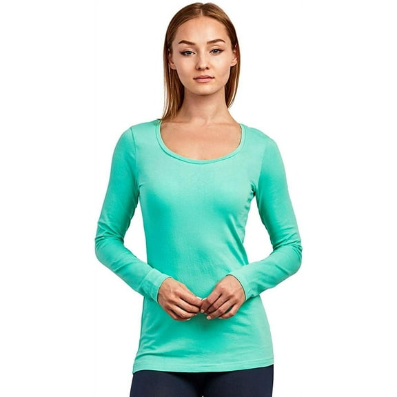 T-Shirt - Women's Fitted Cotton Long Sleeve Scoop Neck Tee S, Mint