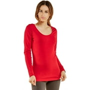 T-Shirt - Womens Fitted Cotton Long Sleeve Scoop Neck Tee S, RED