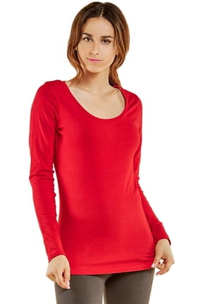 T-Shirt - Women's Fitted Cotton Long Sleeve Scoop Neck Tee S, RED