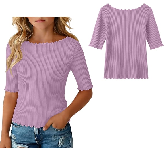 T Shirt for Girls Crew Neck Short Sleeve Ribbed T Shirts Soft Casual Shirts for Tween 13-14 Years