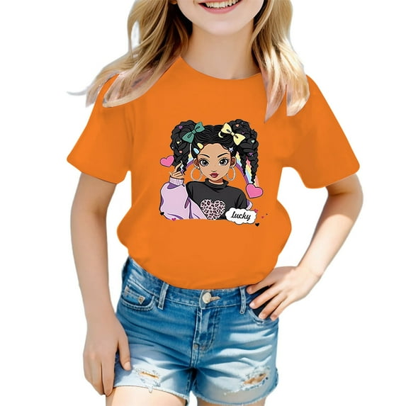 T Shirt for Girls Short Sleeve Cartoon Graphics Round Neck Kids Funny Tee Size 5-6 Years,Orange