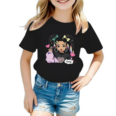 T Shirt for Girls Short Sleeve Cartoon Graphics Round Neck Kids Funny Tee Size 8-9 Years,Black