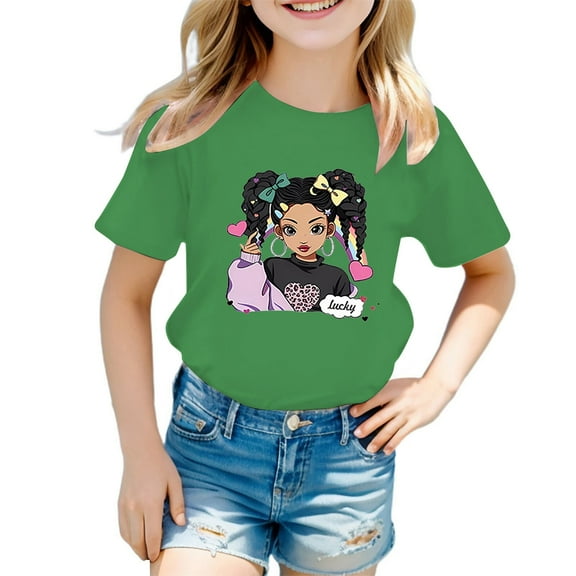 T Shirt for Girls Short Sleeve Cartoon Graphics Round Neck Kids Funny Tee Size 8-9 Years,Green