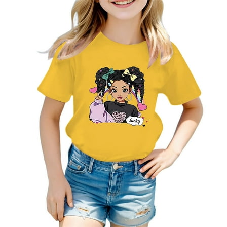 T Shirt for Girls Short Sleeve Cartoon Graphics Round Neck Kids Funny Tee Size 8-9 Years,Yellow
