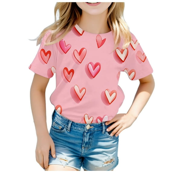 T Shirt for Girls Shortsleeve Valentine's Day Graphics Round Neck Kids Funny Tee Size 6-7 Years,Light Pink