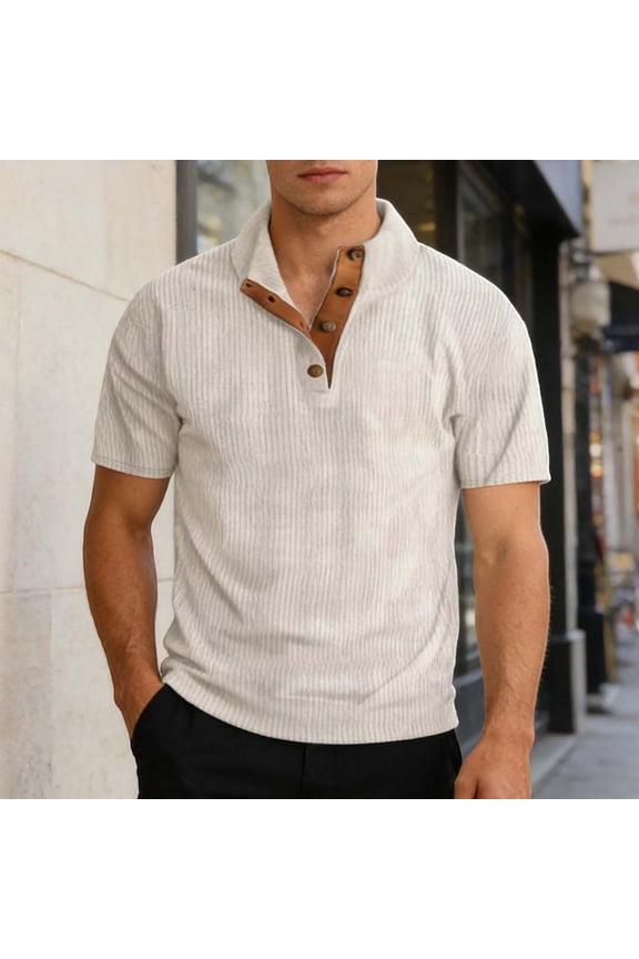 T-Shirt for Man Short Sleeve Crew Neck Henley T-Shirt Basic Khaki Tshirt with Button Mens Shirts Casual