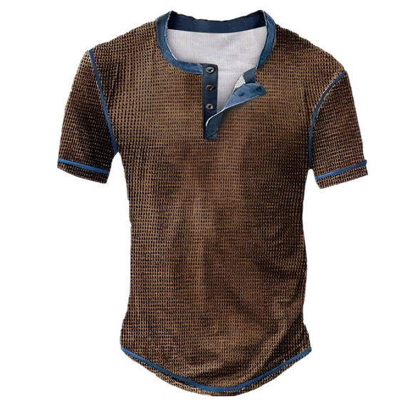 T-Shirt for Man Short Sleeve Crewneck Waffle Henley T-Shirt Basic Brown Button Shirt Mens Summer Shirts