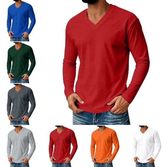 T Shirt for Men Casual Trendy Long Sleeve V Neck T-Shirts Fall Lightweight Comfortable Regular Fit Solid Color T Shirt Red M