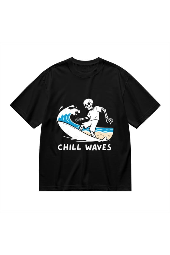 T Shirt for Men, Chill Waves,Skeleton Surfing Print, Vintage Graphic Tees Men, 23986136,M