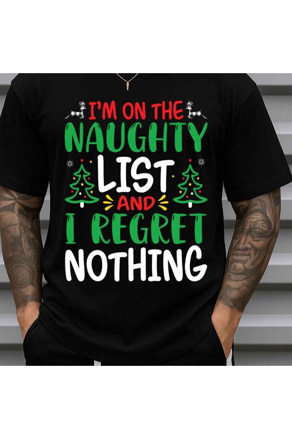 T-Shirt for Men Funny Graphic Casual Loose Fit Short Sleeve Round Neck - Men'S Funny Christmas I'm on the Naughty List Graphic T
