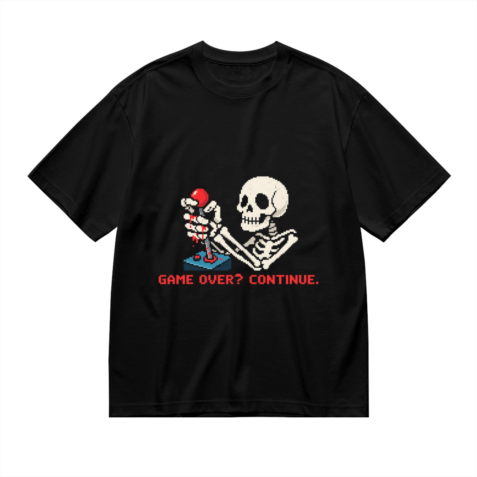 T Shirt for Men, Game Over Continue, Pixel Skull Print, Vintage
