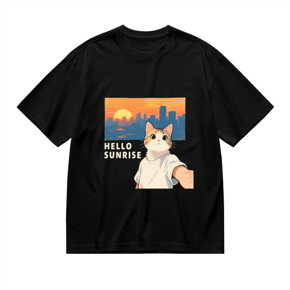 T Shirt for Men, Hello Sunrise,Cat Selfie Print, Vintage Graphic Tees Men, 23985918,L