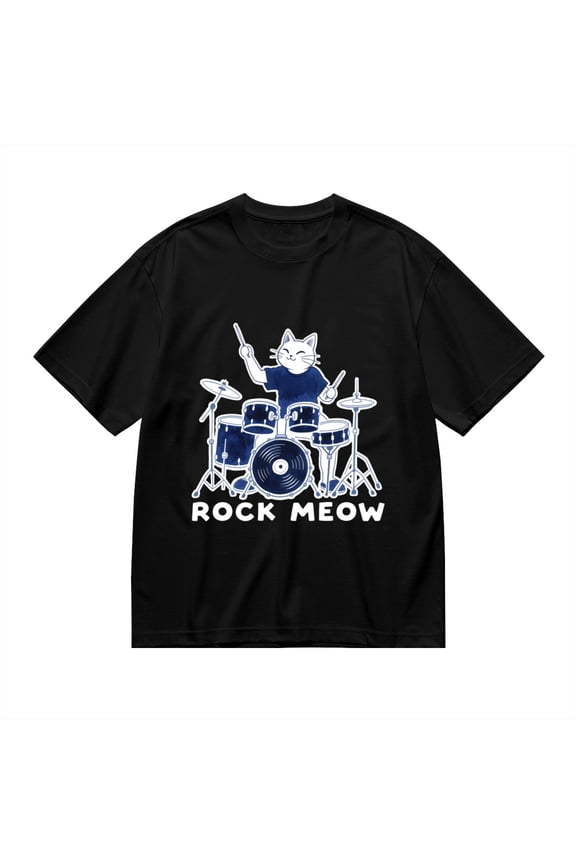 T Shirt for Men, Rock Meow,Cat Drum Print 1, Vintage Graphic Tees Men, 23985873,3XL