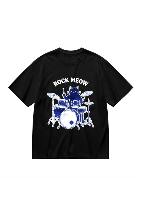 T Shirt for Men, Rock Meow,Cat Drum Print, Vintage Graphic Tees Men, 23985907,3XL