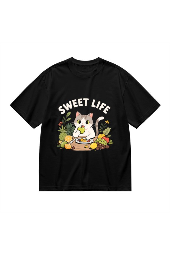 T Shirt for Men, Sweet Life,Cat Fruit Print, Vintage Graphic Tees Men, 23985834,S
