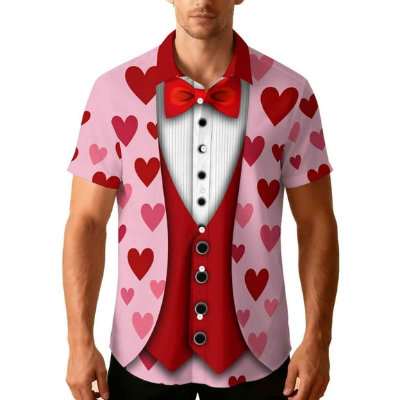 T-Shirt for Men's Valentine’s Day Funny Printed Short Sleeve Button Down Summer Beach Casual Hawaiian Shirt,Soft Casual Men's Tee Pink