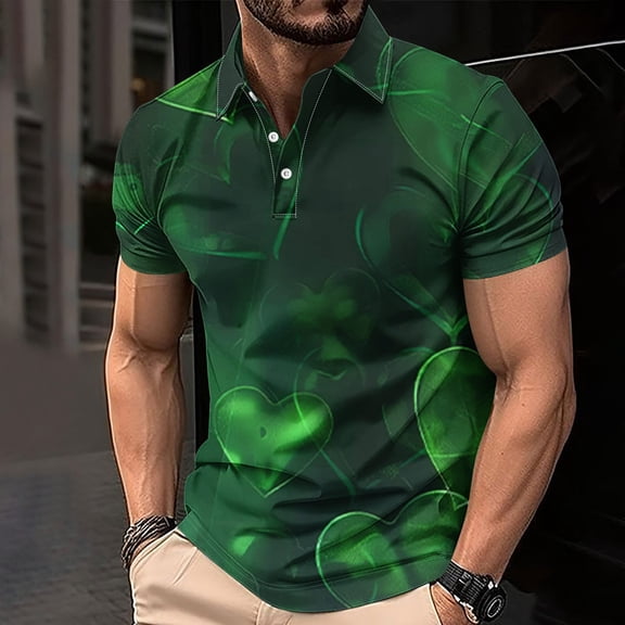 T-Shirt for Men's Valentine’s Day Heart Printed Casual Short Sleeved Lapel Button Shirt,Soft Casual Men's Tee Multicolor