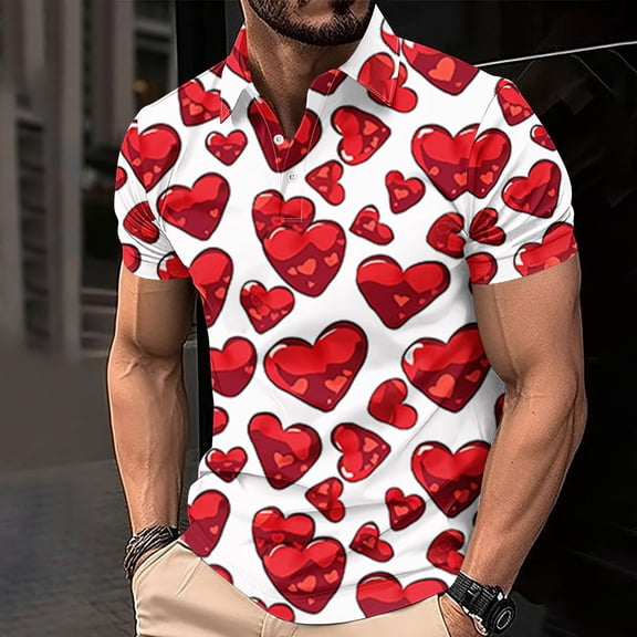 T-Shirt for Men's Valentine’s Day Heart Printed Casual Short Sleeved Lapel Button Shirt,Soft Casual Men's Tee Multicolor