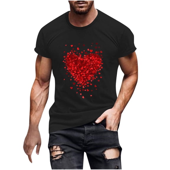 T-Shirt for Men's Valentine’s Day Heart Printing Short Sleeve Fitness T-shirt,Soft Casual Men's Tee Black
