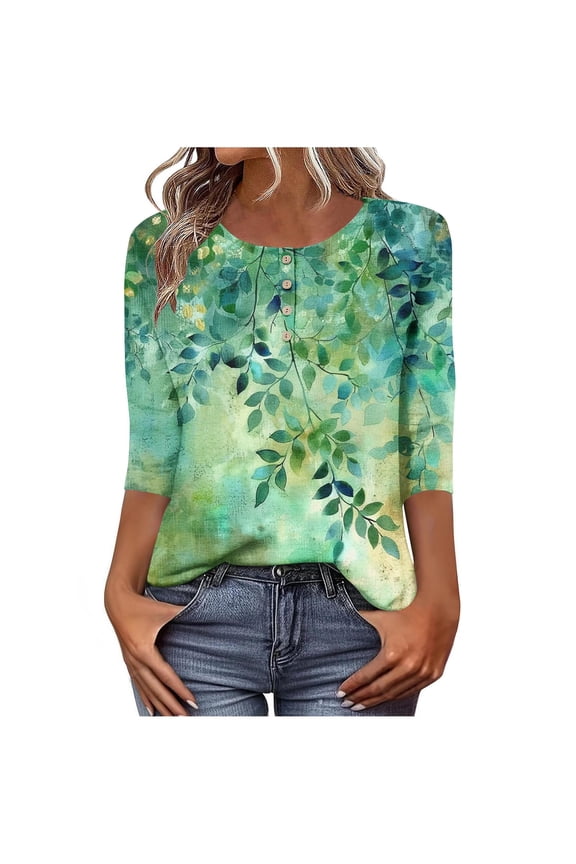 T-Shirt for Women 3/4 Length Sleeves Classic Crewneck Boho Floral Shirts Loose Comfy Tees Shirt Tunic Blouse Tops Style003 X-Large