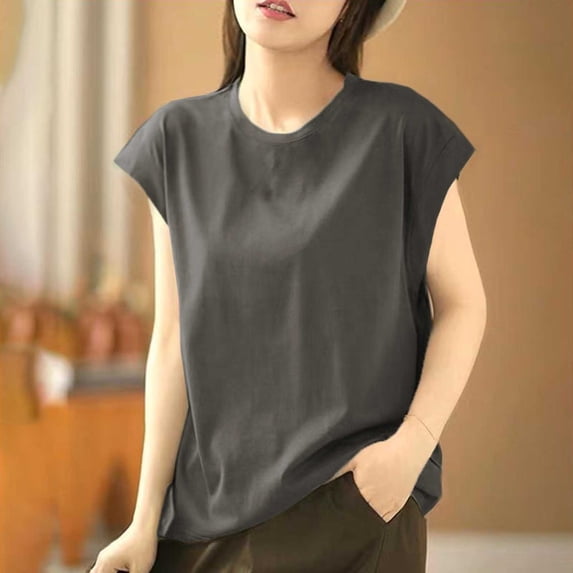 T-Shirt for Women Crewneck Cap Sleeve Casual Loose Fit Solid Color Basic Minimalist Soft Lightweight Stretchy Daily Wear Athleisure Summer Tee Tops